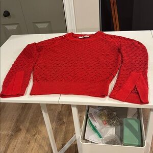 Zara Red Open-Knit Crewneck Sweater